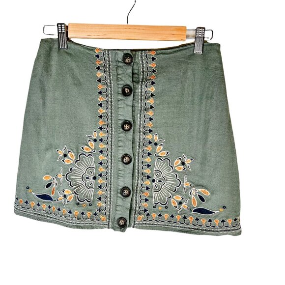 Blue Rain Mini Skirt S Linen Blend Green Blue Yellow Embroidered Size Small - Picture 1 of 8